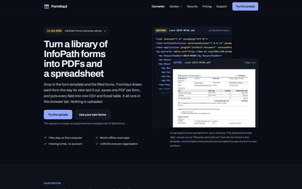 Formhaul's home page: an InfoPath form's XML beside the PDF it becomes
