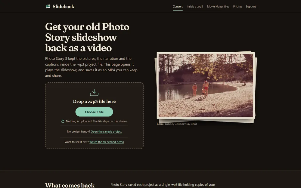 Slideback's home page: a drop zone for a .wp3 file beside a photo from a 1972 slideshow